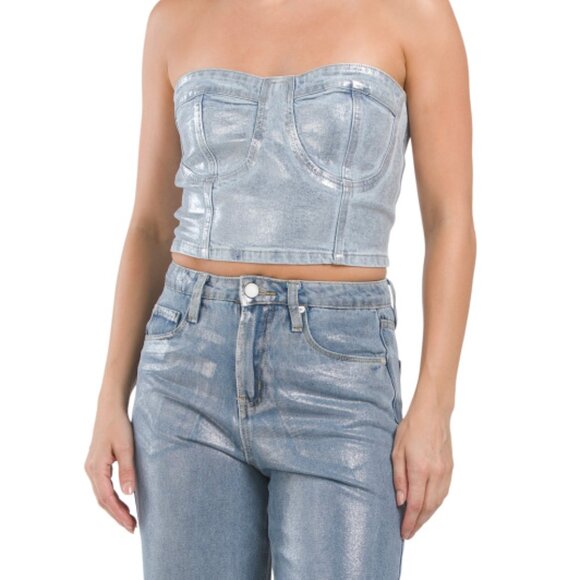 NEW BLANK NYC Stretch Metallic Coated Bustier Top Silver Multi for women 462mn - Picture 1 of 4